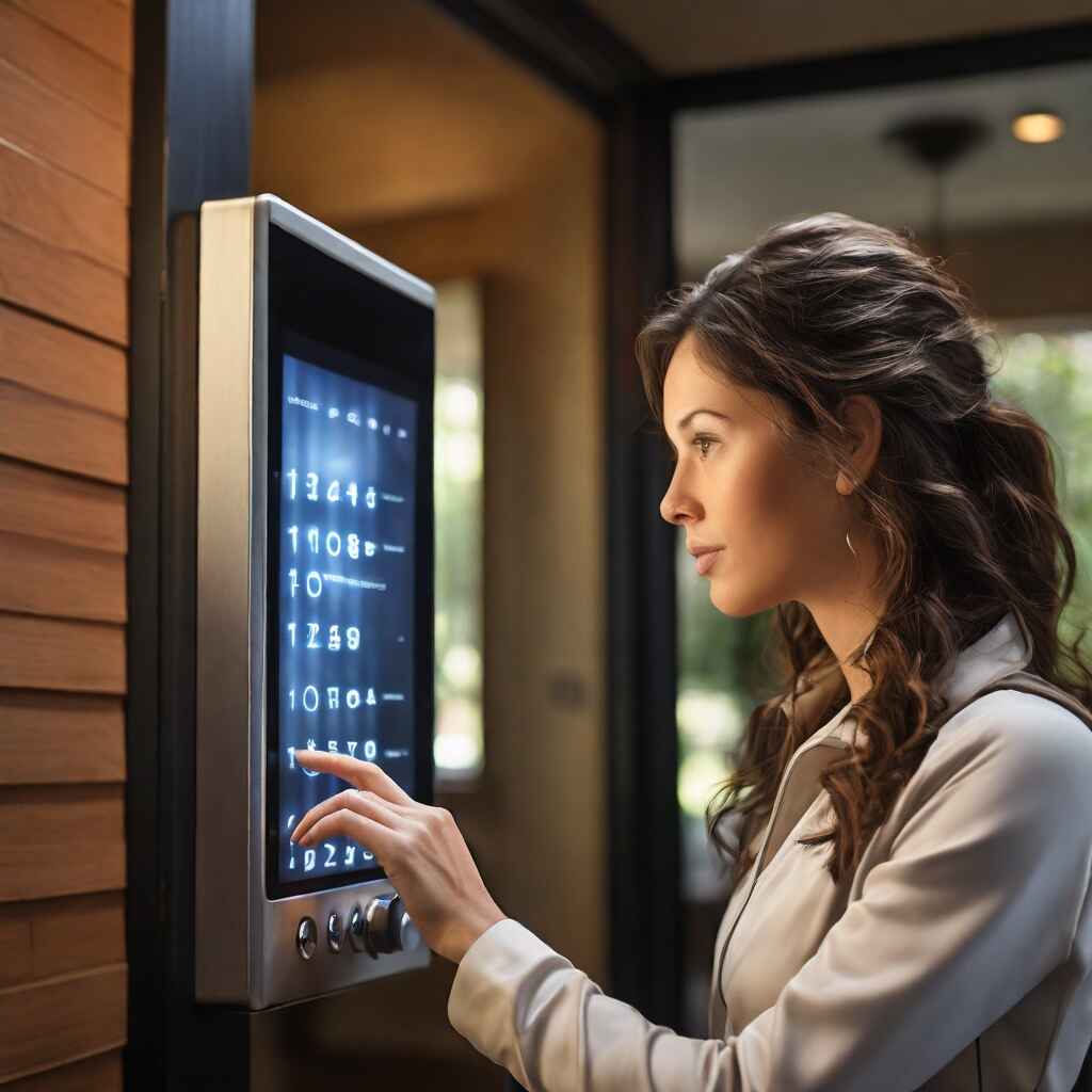 A woman entering a code on a high-tech keypad next to a front door